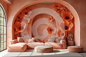 Bohemian Arch Nook Adorned with Oversized Poppy Decor and Peach Seating photo