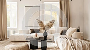 Boho interior design of modern living room a cream-colored sofa adorned with white and brown pillows, a black round table, and