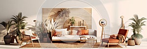 Boho interior design of modern living room, panorama. Created with generative AI