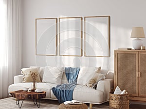 Boho interior style. Frame & Poster mockup. Wall art. 3d rendering, 3d illustration