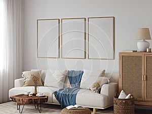 Boho interior style. Frame & Poster mockup. Wall art. 3d rendering, 3d illustration