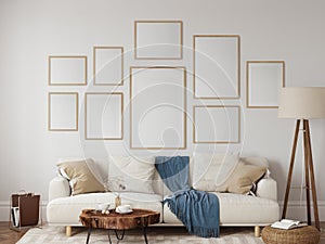 Boho interior style. Frame & Poster mockup. Wall art. 3d rendering, 3d illustration