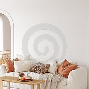 Boho interior style. Wall mockup. Wall art. 3d rendering, 3d illustration