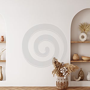 Boho interior style. Wall mockup. Wall art. 3d rendering, 3d illustration