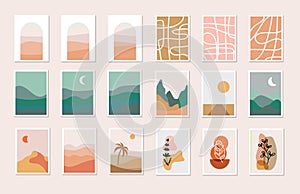 Boho landscape posters collection. Arch shape and night print. Desert and mountains. Vector stock illustration