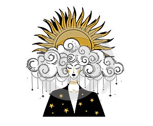 Boho line drawing, woman with cloudy hair and sun in her hair. Astrology concept, tarot, prediction. Magic witch