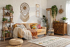 Boho living room with bright wall