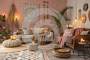 Boho living room with bright wall