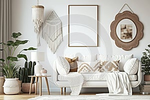 Boho Living Room Interior, Mockup Photo Frame, The White Couch Near Empty White Wall - Generative AI