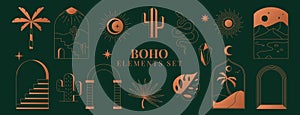 Boho logo, line arch frames and symbols with desert, cactus, sun, moon, palm