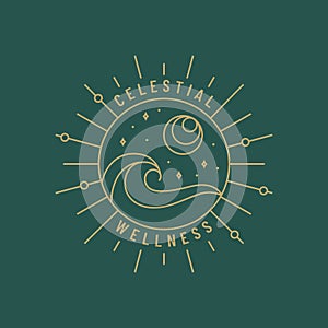 Boho logo with sun, moon, stars and ocean wave. Vector
