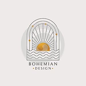 Boho logo. Vector emblem with sun and waves