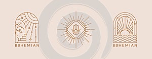 Boho logos. Line emblems with sun. Vector set