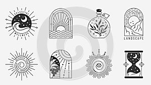 Boho logos. Vector set with sun, moon, potion, hourglass, etc