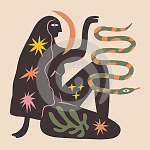 Boho magic woman and snake mystical characters holistic healing meditation new age concept