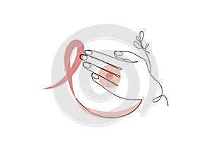 Boho Minimalist Breast Sign with Pink Ribbon for Breast Cancer October Awareness Month Campaign. Women health vector