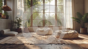 boho minimalist interior, sunlight filters through the wide windows of the boho minimalist interior, accentuating the photo
