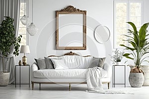 Boho Modern Living Room Interior, Mockup Photo Frame, The White Couch Near Empty White Wall - Generative AI