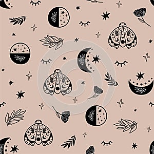 Boho moon phase pattern. Seamless background. Black graphic moon print, celestial moth, herb, stars