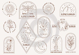 Boho mystic doodle esoteric logo set. Magic line art icon with moth, key, sun, cactus, moon