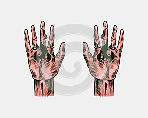 Boho mystic hand with fire. Arcane Esoteric icon. Vintage engraving sketch. Doodle outline. Hand drawing. Vector
