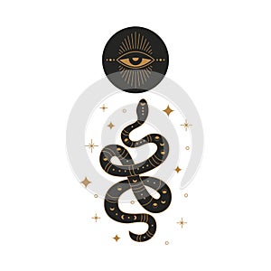 Boho mystic snake design. Abstract hand drawn esoteric serpent icon with moon eye, occult tattoo egypt style. Vector illustration photo