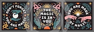 Boho mystical posters with inspirational quotes about energy, magic and good vibes in trendy bohemian style.