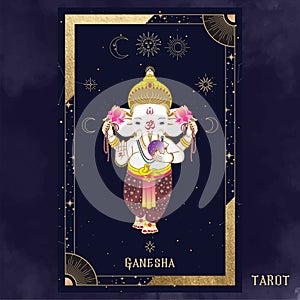 Boho mystical vector tarot cards. Ganesha elephant in trendy bohemian gypsy style. Vintage vibes.