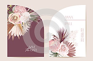 Boho orchid, pampas grass, protea card template. Modern minimal Art Deco wedding vector Invitation set