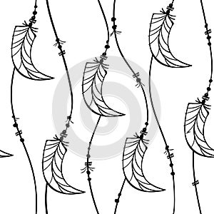 Boho pattern curve feather jewelry seamless ornament , wave striped lines with feathers shape , black isolated on white , hand dra