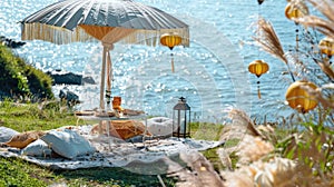 a boho picnic setup on lush grass near the ocean, featuring a cozy table set for two and a charming umbrella casting