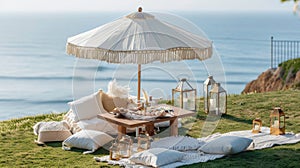 a boho picnic setup on lush grass near the ocean, featuring a cozy table set for two and a charming umbrella casting