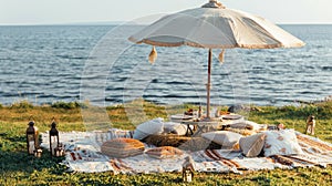 a boho picnic setup on lush grass near the ocean, featuring a cozy table set for two and a charming umbrella casting