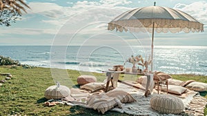 a boho picnic setup on lush grass near the ocean, featuring a cozy table set for two and a charming umbrella casting