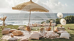 a boho picnic setup on lush grass near the ocean, featuring a cozy table set for two and a charming umbrella casting