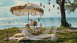 a boho picnic setup on lush grass near the ocean, featuring a cozy table set for two and a charming umbrella casting