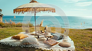 a boho picnic setup on lush grass near the ocean, featuring a cozy table set for two and a charming umbrella casting