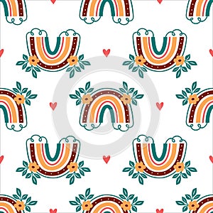 Boho rainbow pattern, Abstract rainbows in cartoon style. Children pattern with rainbows, hearts and flowers, Vector