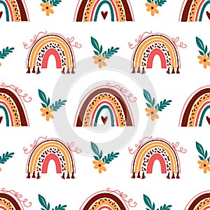 Boho rainbow pattern, Doodle rainbow background. Baby rainbow pattern on white background. Vector abstract rainbows in
