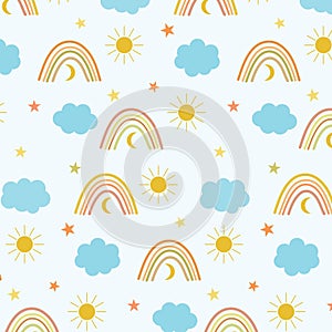 Boho rainbow seamless pattern with clouds, sun and stars on white background