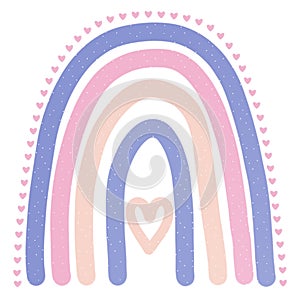 Boho rainbow Valentines Day.Pastel blue, pink and beige rianbow with hearts illustration isolated on white background.