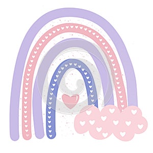 Boho rainbow Valentines Day.Pastel purple,pink and beige rianbow with hearts illustration isolated on white background.