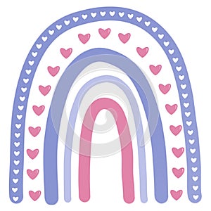 Boho rainbow Valentines Day.Pastel purple and pink rianbow with hearts illustration isolated on white background.