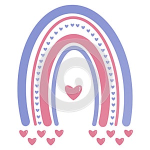 Boho rainbow Valentines Day.Purple and pink rianbow with hearts illustration isolated on white background.