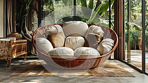 boho rattan chair, stylish rattan chair with boho vibe, soft cushioning, perfect for a snug reading corner or trendy photo