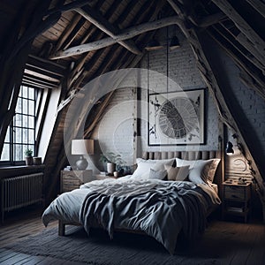 Boho Rustic Modern Interior Design Of Bedroom In Attic, Triangle Ceiling With Wooden Beams, Window With Sun Light, Generative AI