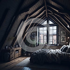 Boho Rustic Modern Interior Design Of Bedroom In Attic, Triangle Ceiling With Wooden Beams, Window With Sun Light, Generative AI