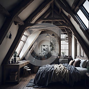 Boho Rustic Modern Interior Design Of Bedroom In Attic, Triangle Ceiling With Wooden Beams, Window With Sun Light, Generative AI