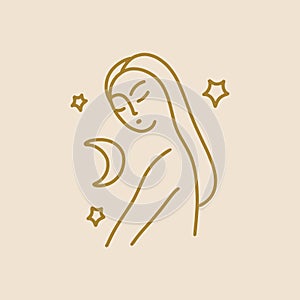 Boho sacred magic line art minimalist woman icon, modern abstract silhouette isolated on color background