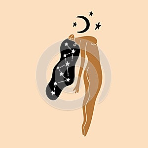 Boho sacred magic woman, modern abstract silhouette isolated on color background. Mystical flat art girl, symbol of